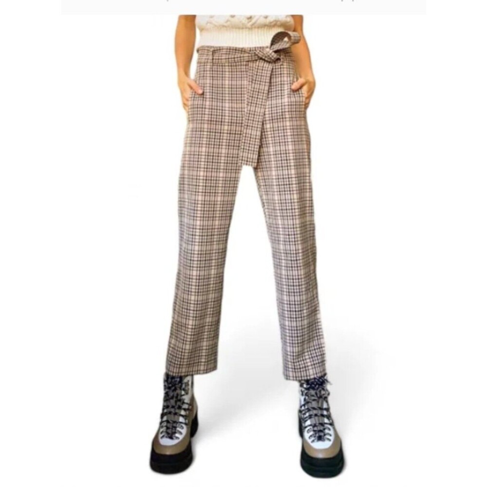 wilfred | Tan Black Plaid High-Waist Pleated Trousers with Belt Size 8
